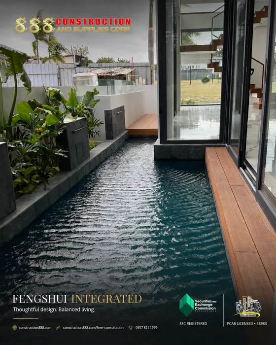 Completed project: indoor courtyard pool lined with timber decking and garden planting