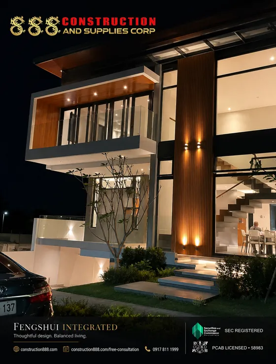 Completed project: modern two-storey home at night with warm lighting and a timber-clad column