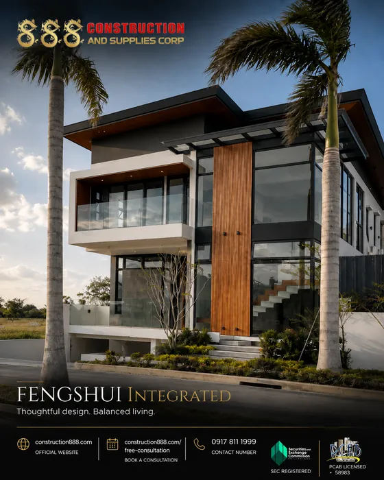 Completed project: modern home with glass balconies and timber cladding framed by royal palms