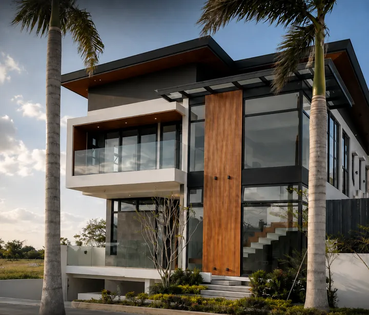 Modern home with glass balconies and timber cladding framed by royal palms, built by 888 Construction