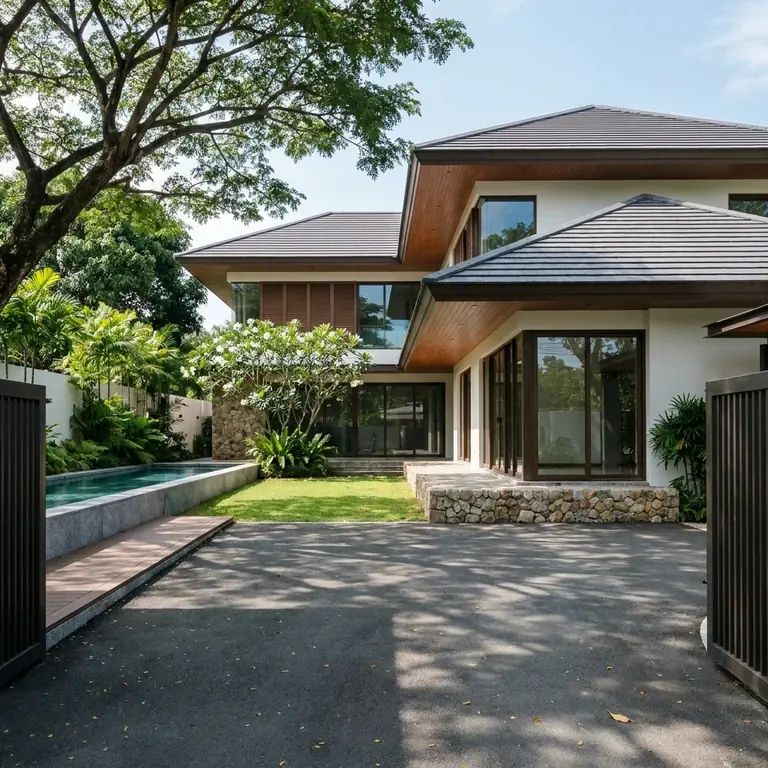 Concept design: two-storey modern tropical house with deep roof overhangs, a stone base and a lap pool under a large shade tree