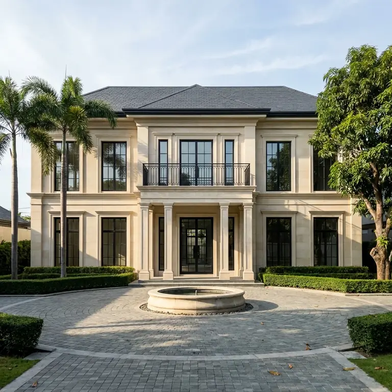 Concept design: two-storey modern classic house in pale limestone with a columned entrance and a round fountain