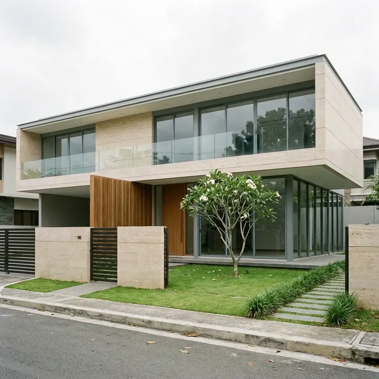 Concept design: two-storey contemporary house with a travertine upper floor over a glass-walled ground floor