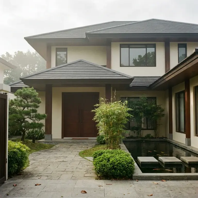 Concept design: two-storey contemporary Asian house with a wide tiled roof, a narra main door and a koi pond by the entrance