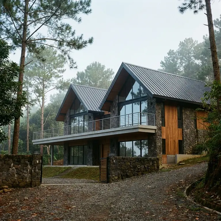 Concept design: two-storey hillside house in stone, wood and glass among pine trees on a misty morning