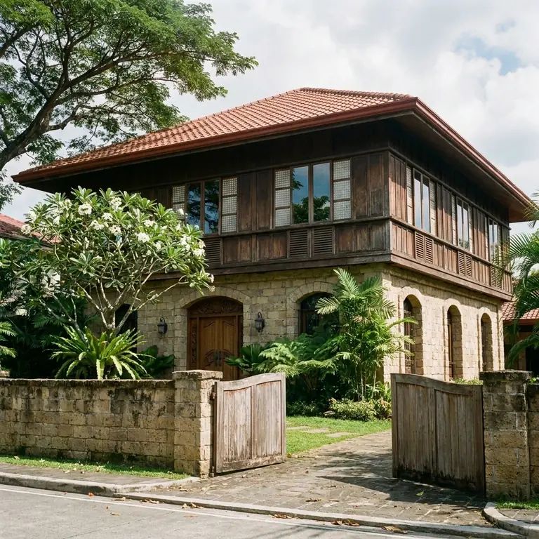 Concept design: two-storey modern Filipino house with an adobe ground floor and a narra upper floor with capiz windows