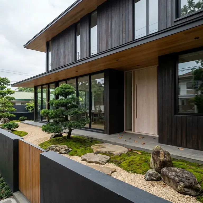 Concept design: two-storey Japanese modern house in dark charred timber with a moss and gravel garden