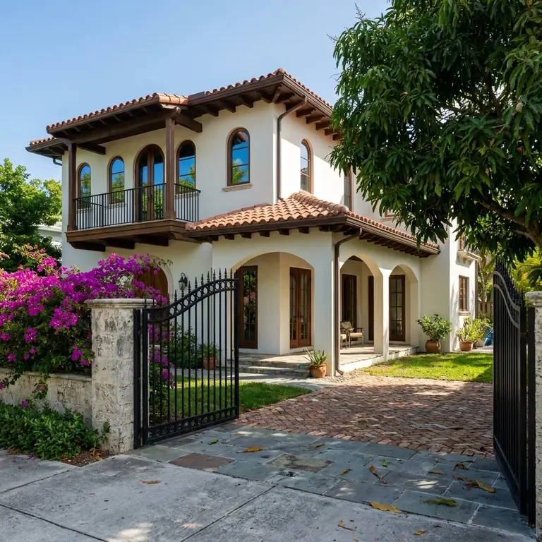 Concept design: two-storey Mediterranean house with white stucco walls, a terracotta roof and an arched porch