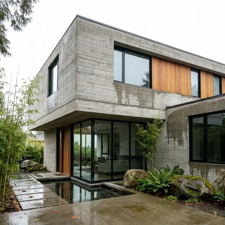 Concept design: two-storey modern house in board-formed concrete and teak beside a shallow reflecting pool