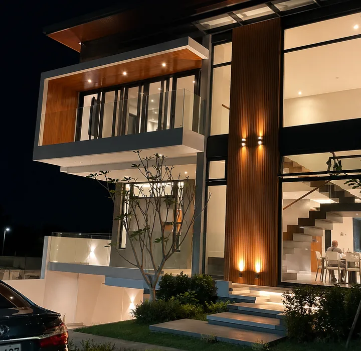 A finished two-storey 888 home at night, with warm lights and a timber-clad column