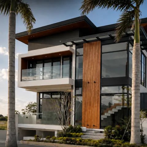 Front of the home in daylight, with timber cladding, glass balconies and royal palms